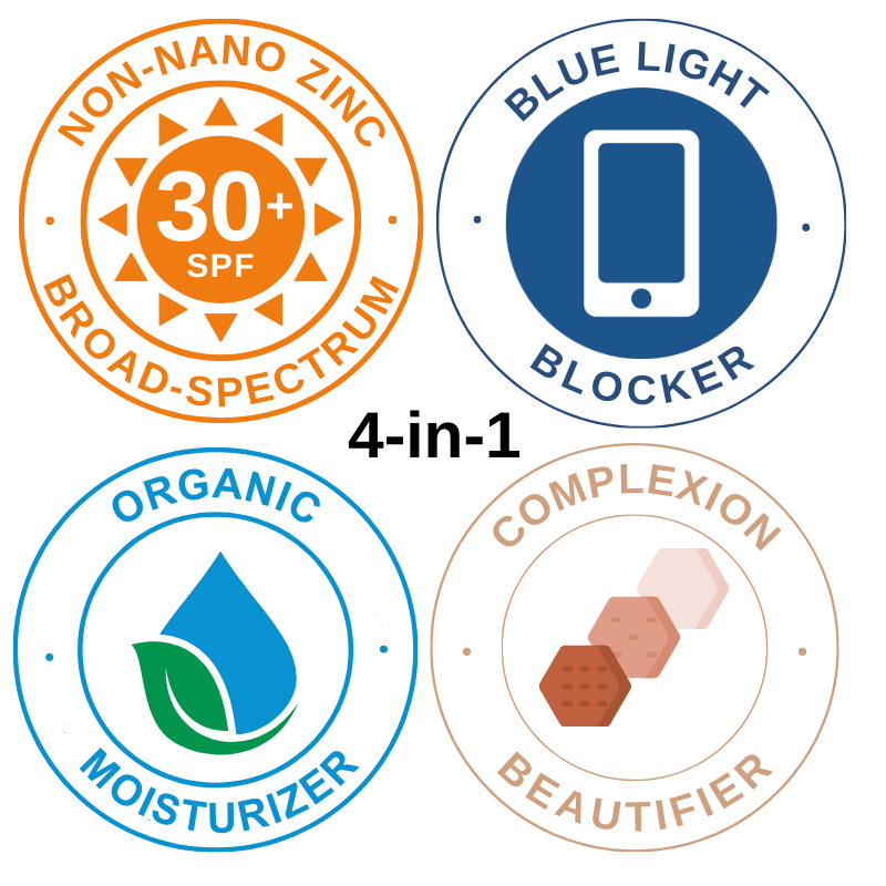 Organic Skincare: Sunscreen SPF 30+ Blue Light Blocker, Moisturizer & Complexion Beautifier